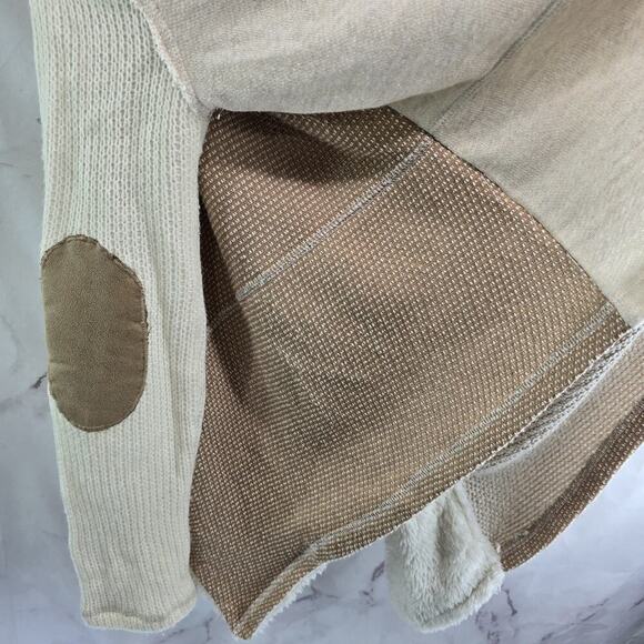 Saturday Sunday Sweater Women Large Cardigan Elbow Pads Brown Sherpa Suede White - Picture 10 of 11